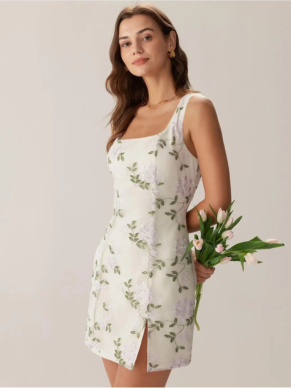 White Bridal, Bachelorette, Graduation Floral Square-Neck Mini Dress